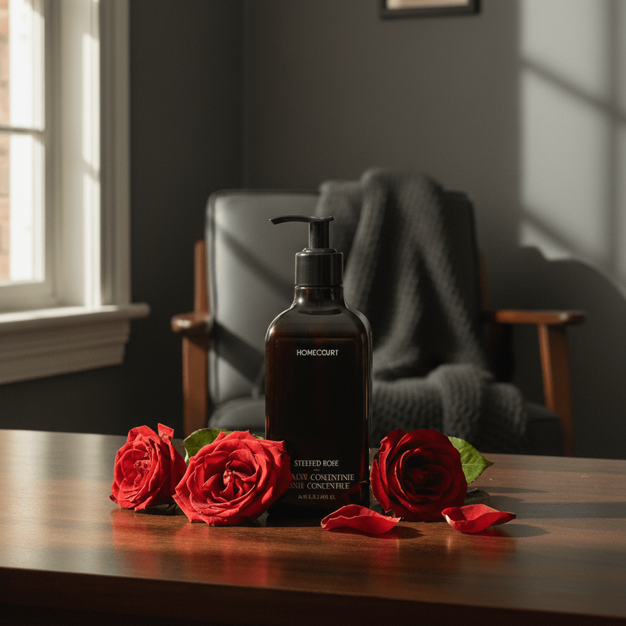 Bottle of Homecourt 10X Laundry Concentrate on a wooden table with red roses.