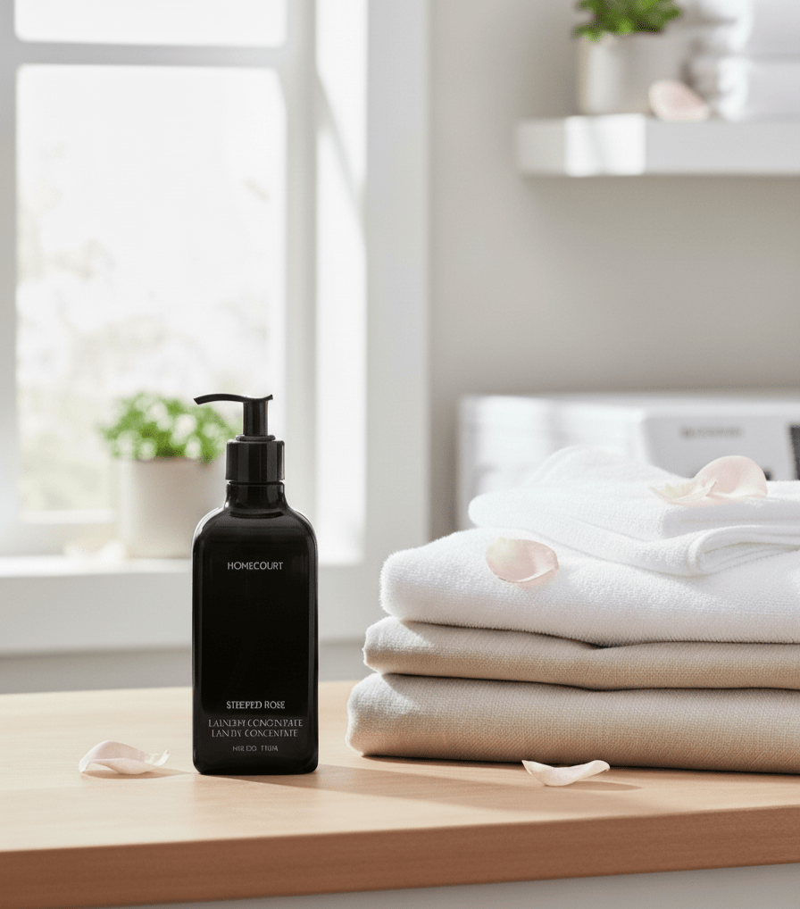 Black bottle of Homecourt 10X Laundry Concentrate on a wooden surface with folded towels in the background.