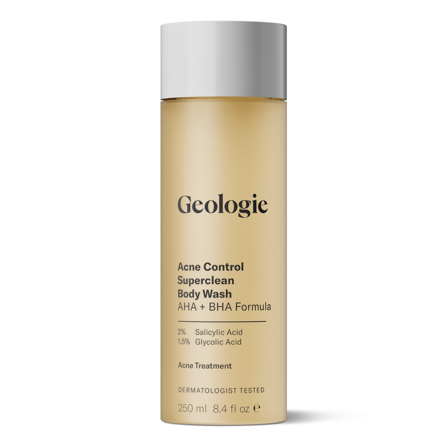 Geologie Acne Control Superclean Body Wash bottle on a green background.