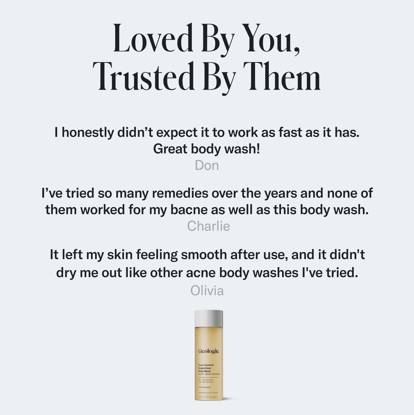 Acne Body Wash customer reviews and a bottle of the body wash on a white background.