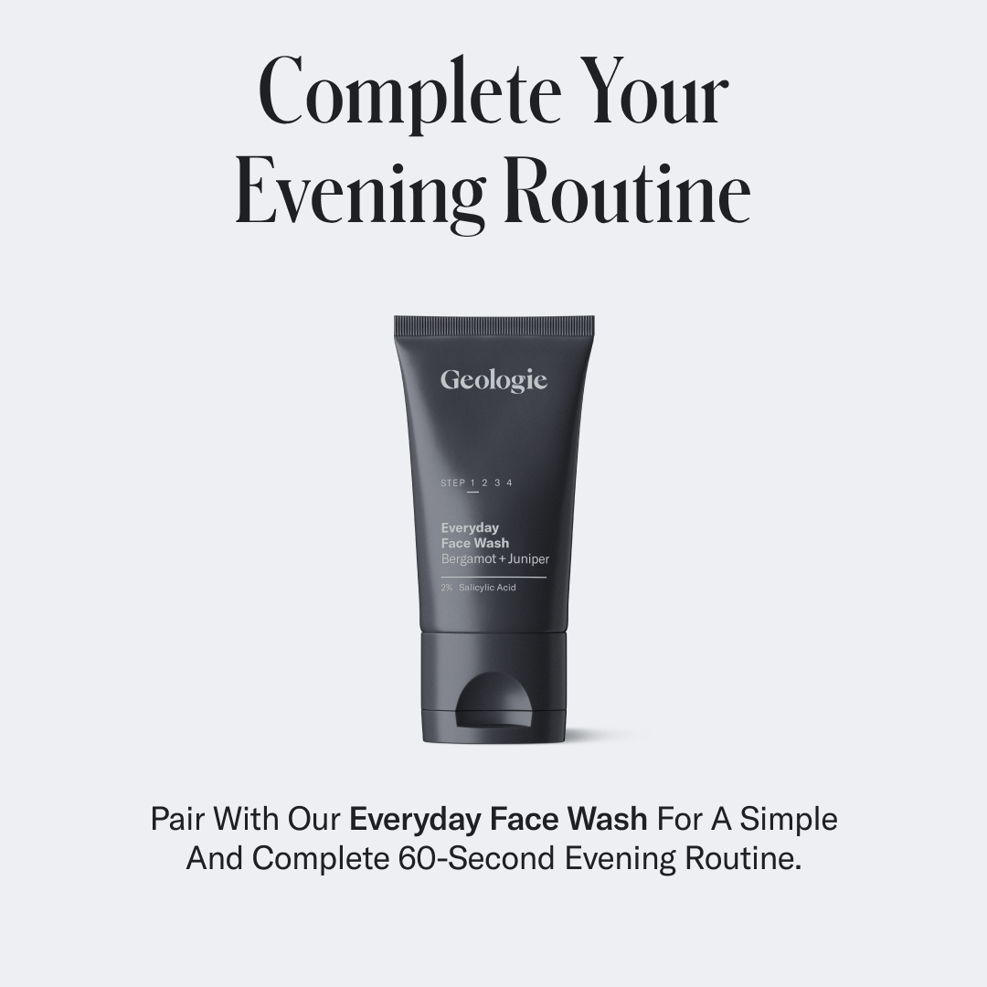 Geologic Everyday Face Wash tube on a white background with text about completing an evening routine.