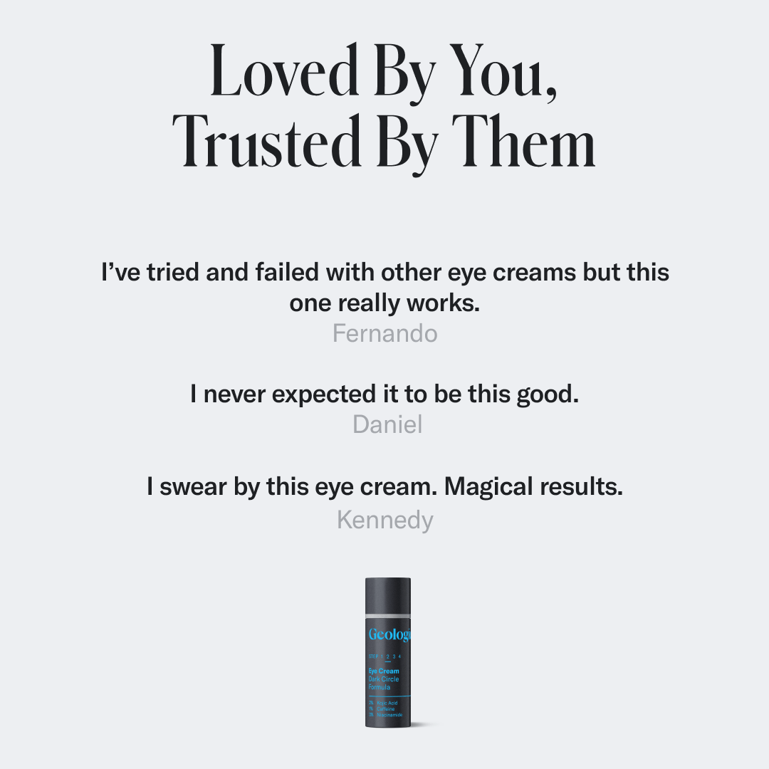 Dark Circle Eye Cream with customer testimonials on a light gray background.