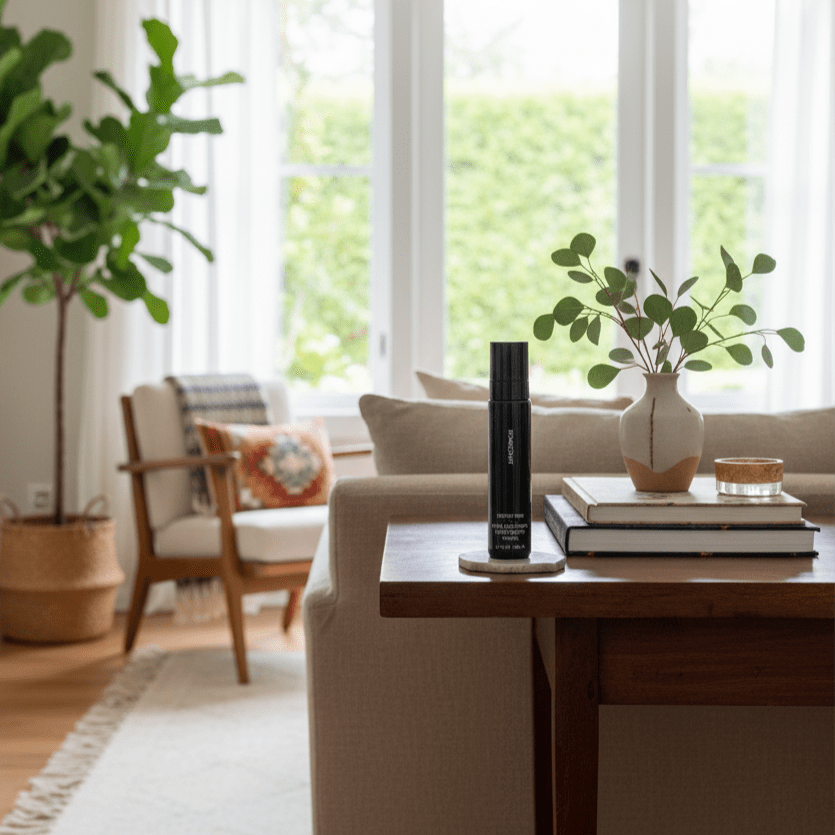 Best of Beauty Allure Award Winner Homecourt Room Deodorizer on living room table with a couch and decorative items.