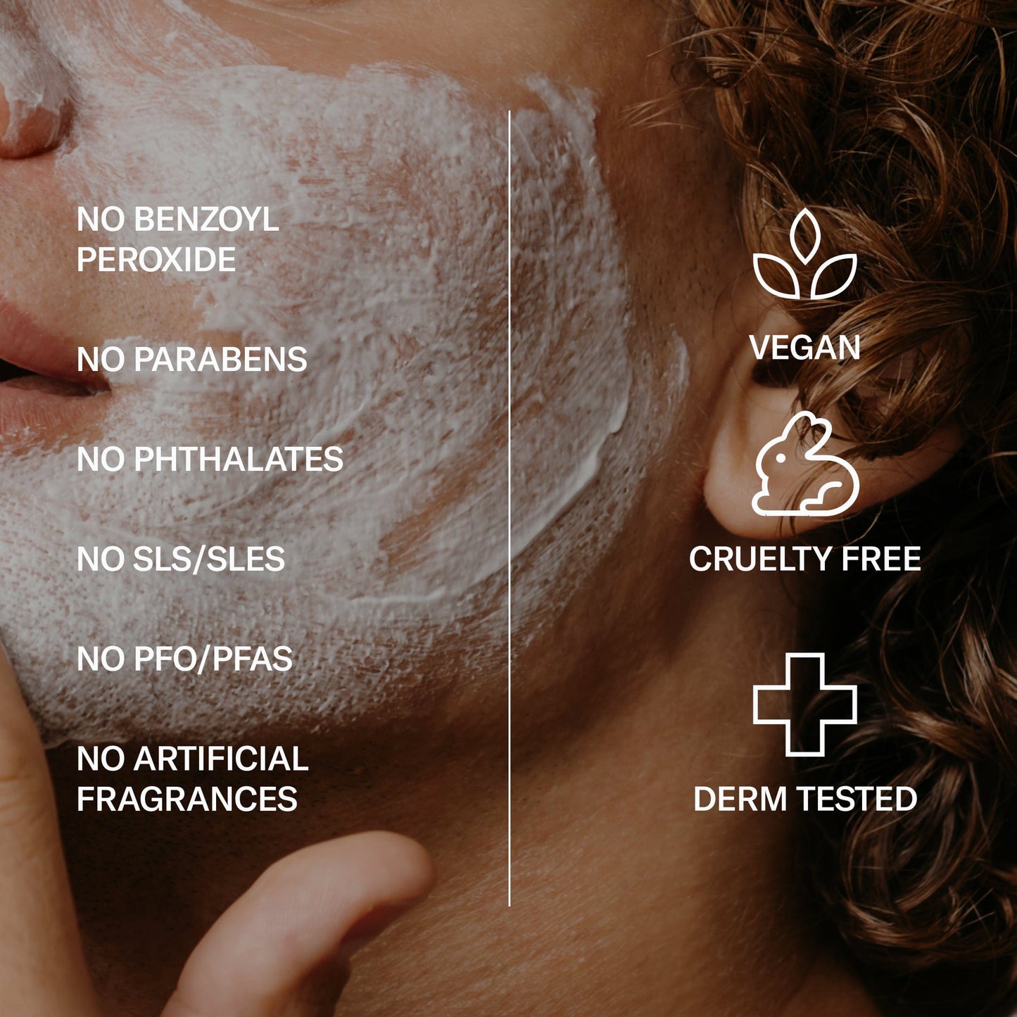Person applying the Clear Skin Repair Moisturizer with certification icons and text about the natural benefits.
