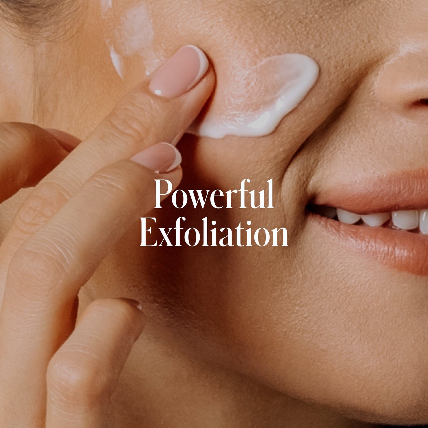 Person applying Geologie Skin Repair Moisturizer to their face with the text 'Powerful Exfoliation'.