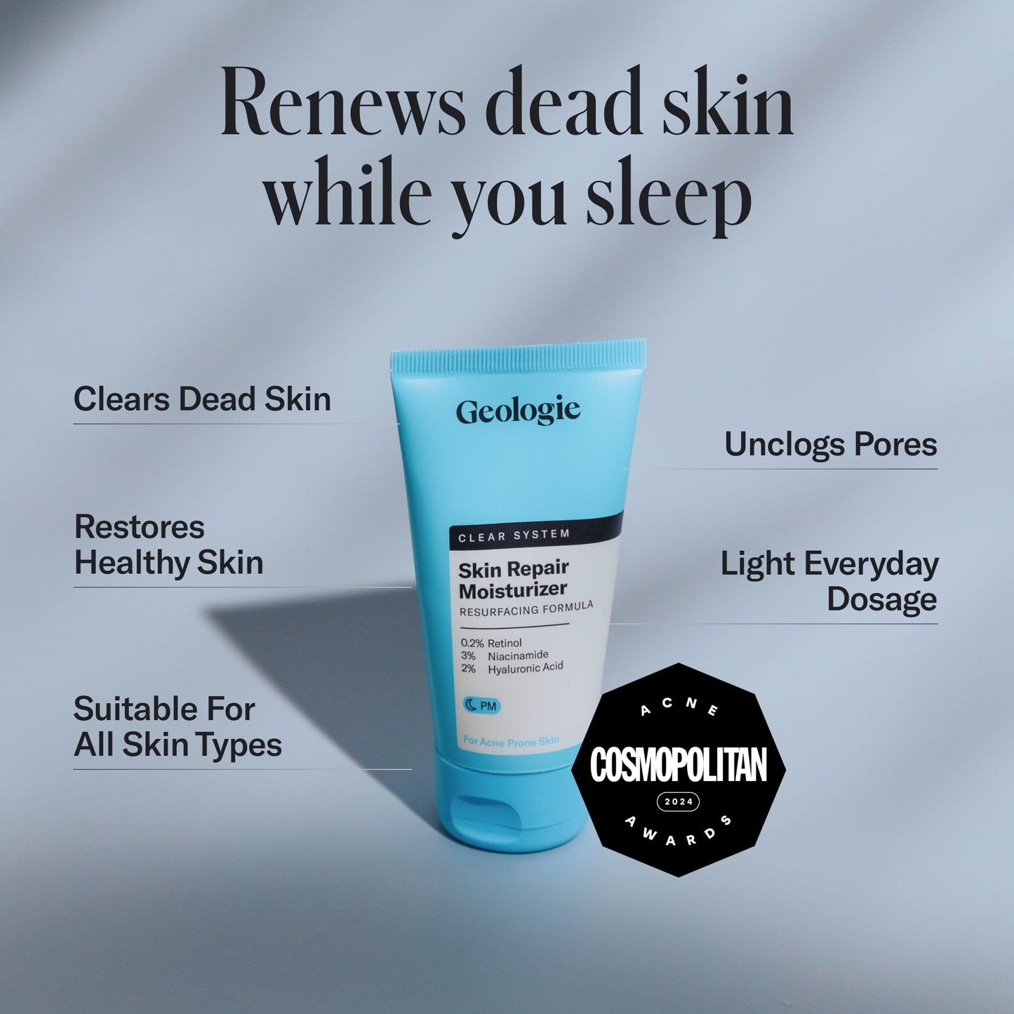 Geologie Skin Repair Moisturizer tube with product benefits on a gray background.