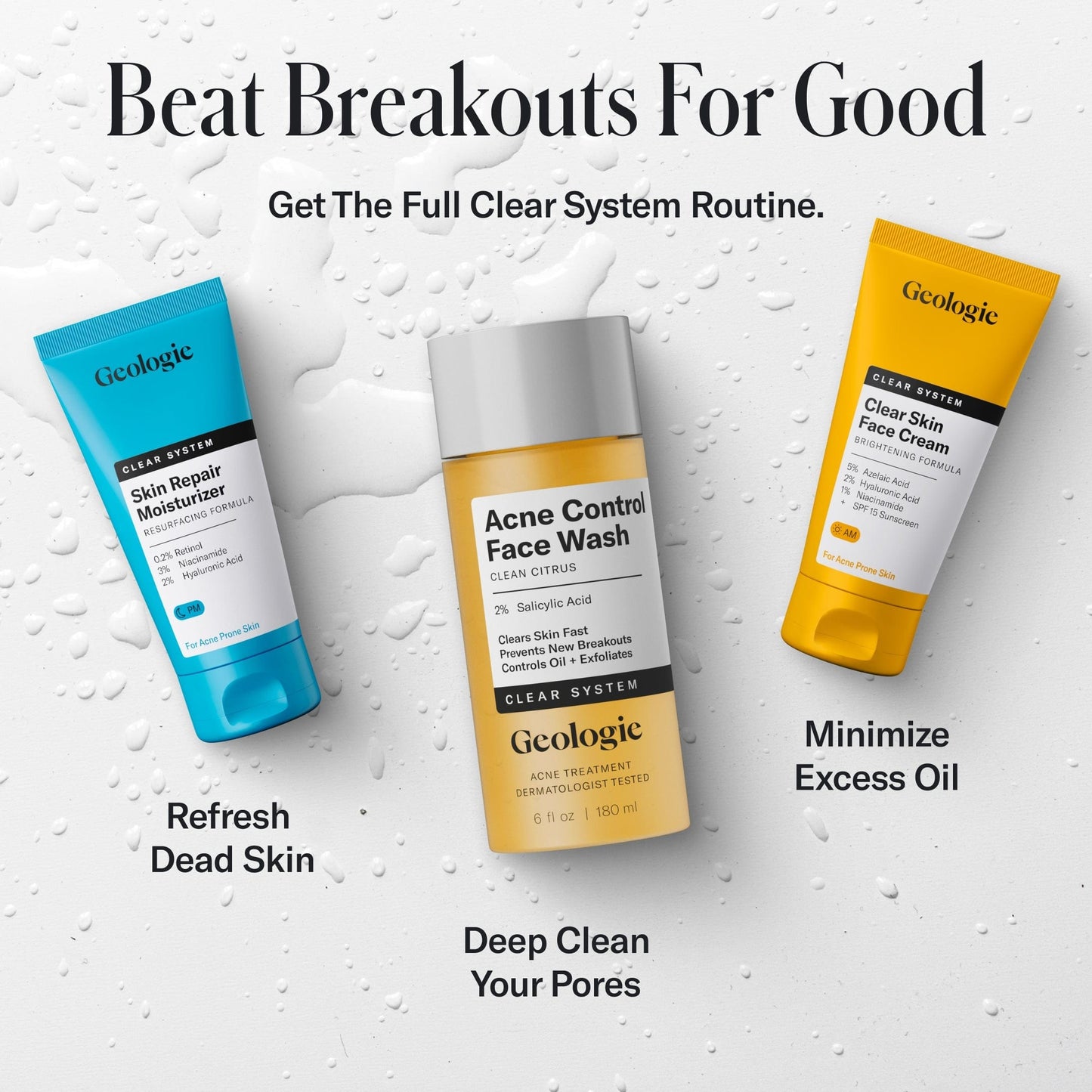 3 Geologic Clear System Routine products on a textured white background with text about clear skin routine.