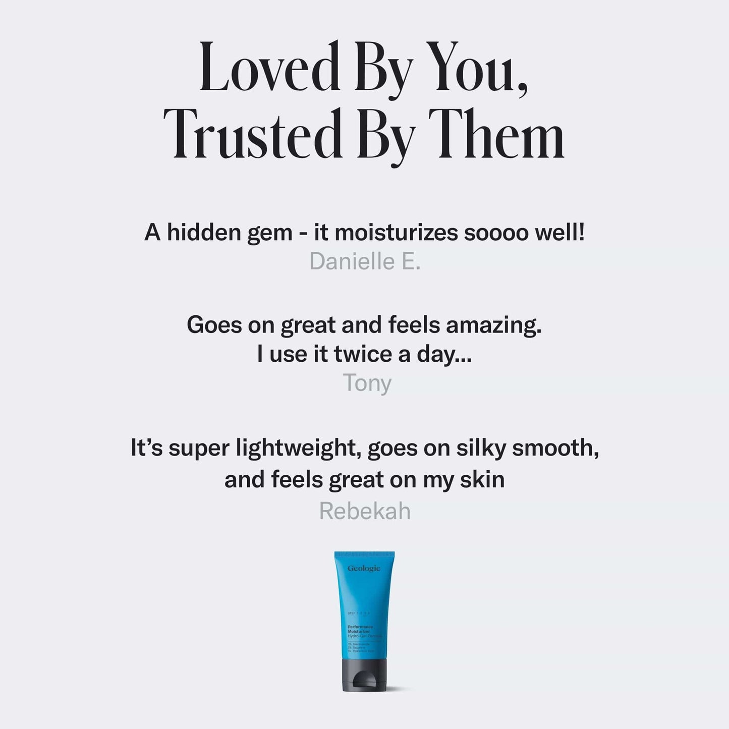 Product review text with a blue tube on a light gray background.