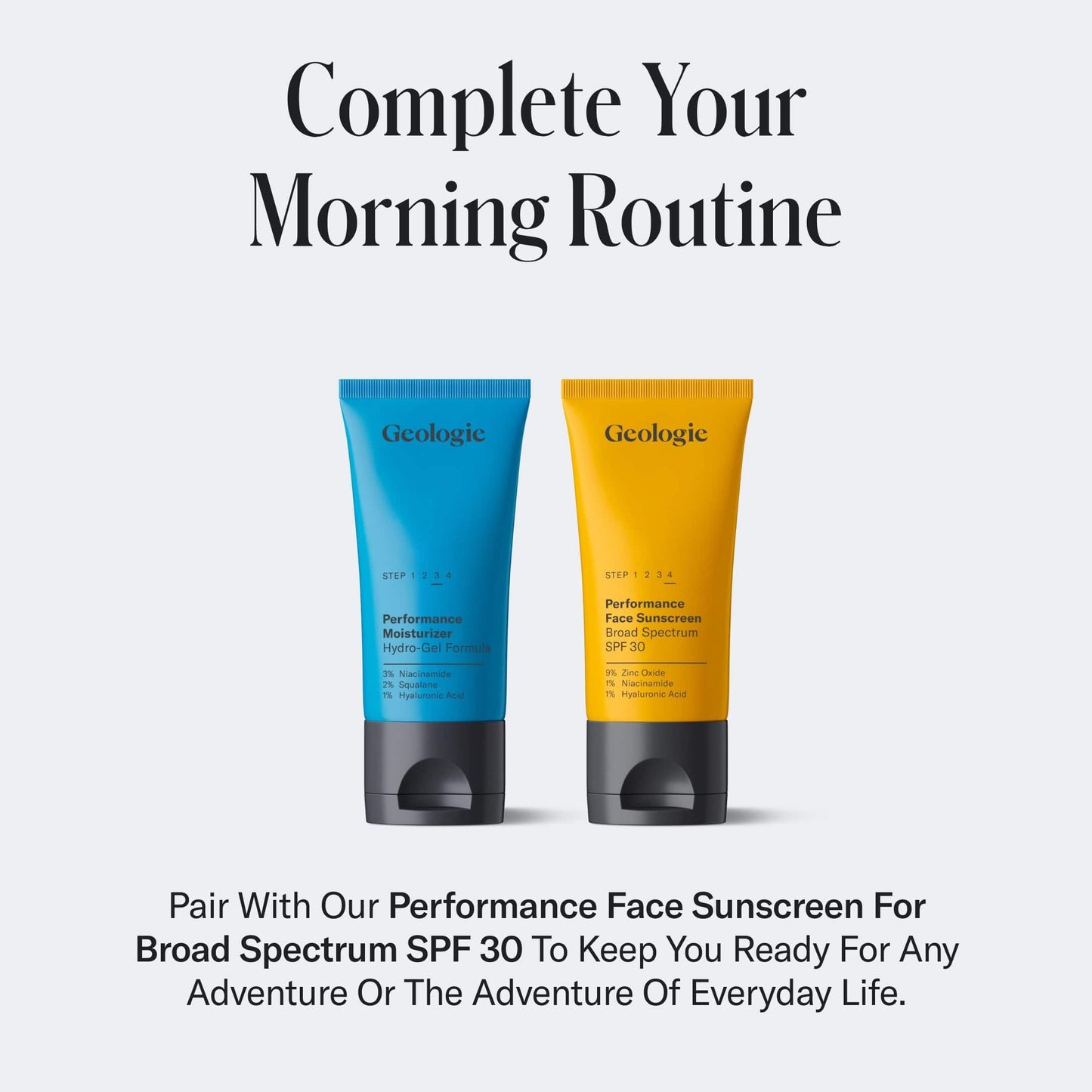 Two Geologie sunscreen bottles, one blue and one yellow, on a white background with promotional text.
