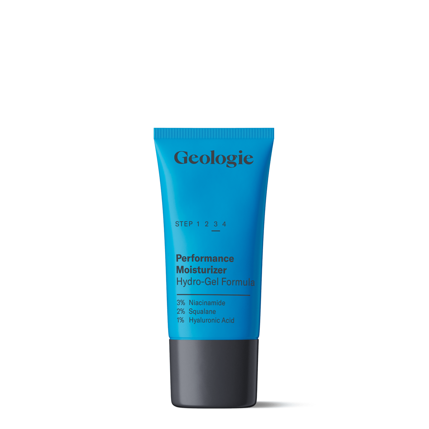 Blue tube of Geologic Performance Moisturizer on a green background.