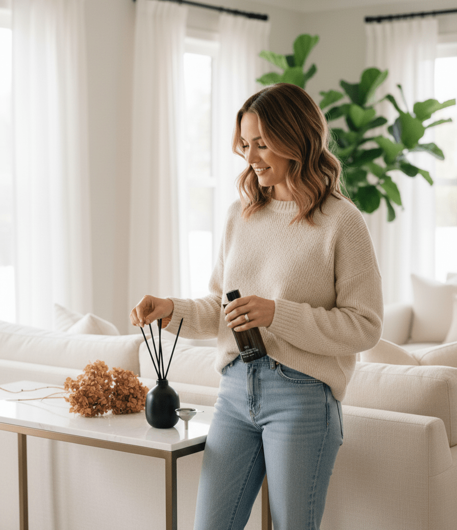 Woman in a sweater and blue jeans in a bright living room with a fiddle lead fig tree arranging a Homecourt Reed Diffuser.