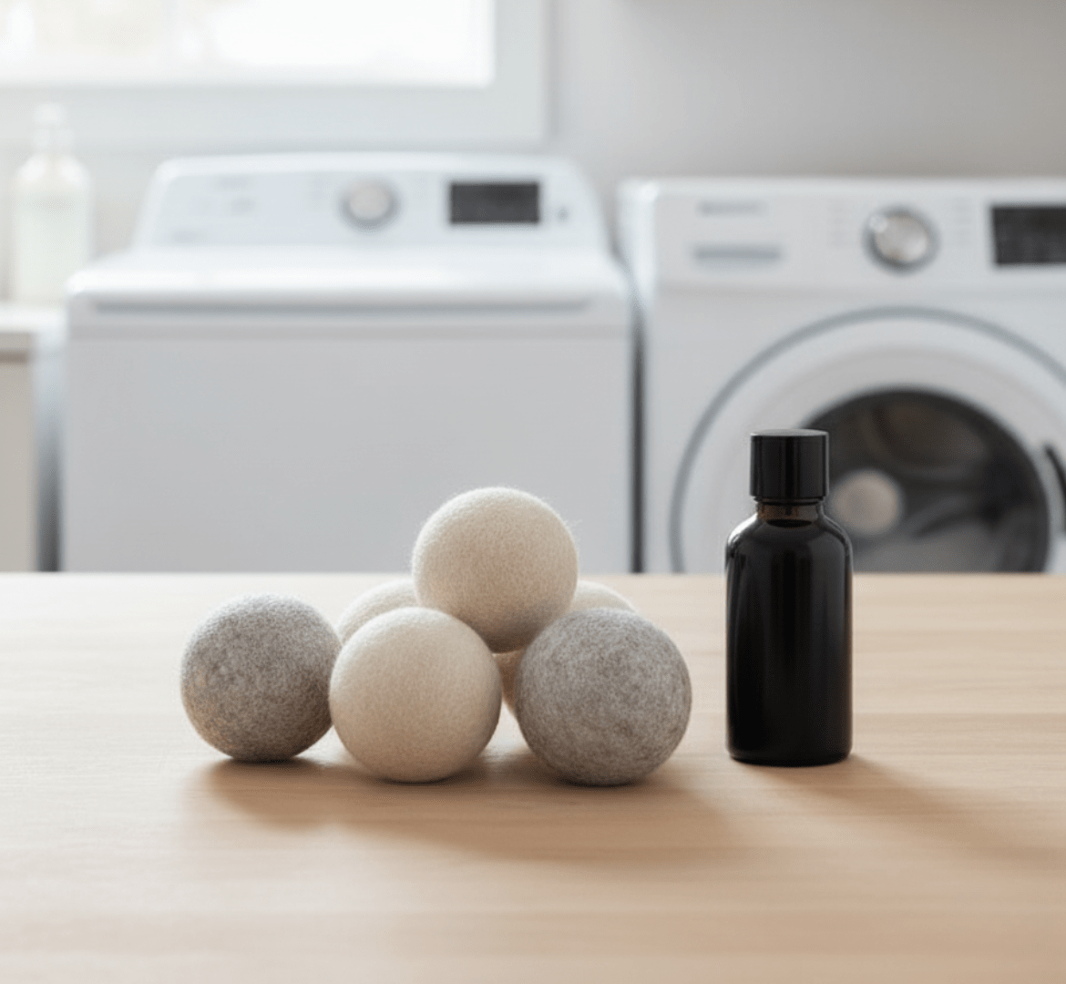 Homecourt 100% wool laundry dryer balls on a wooden surface with fragrance oil refill in a laundry room.