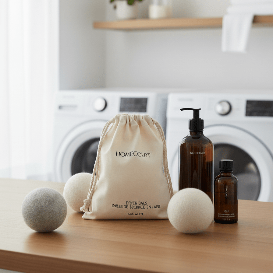 Homecourt 100% wool laundry dryer balls on a wooden surface with fragrance oil and 10X Laundry Concentrate in a laundry room.