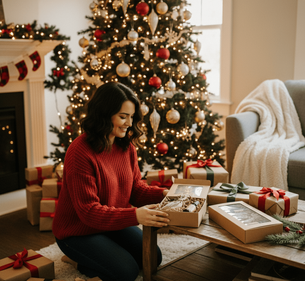Woman in a red sweater opening Little Mountain Flowers gifts in a festively decorated living room with a Christmas tree and presents.