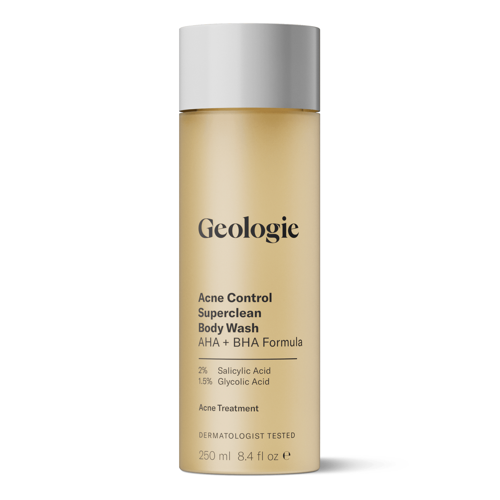 Geologie Acne Control Superclean Body Wash bottle on a green background.