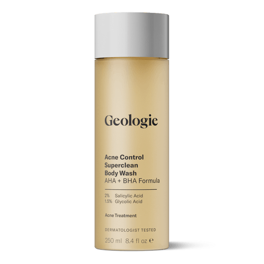 Geologie Acne Control Superclean Body Wash bottle on a green background.