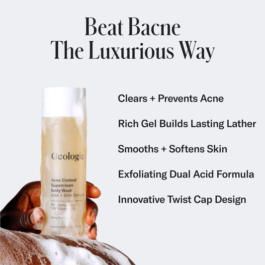Geologie Skincare Acne Wash with text highlighting benefits on a white background.