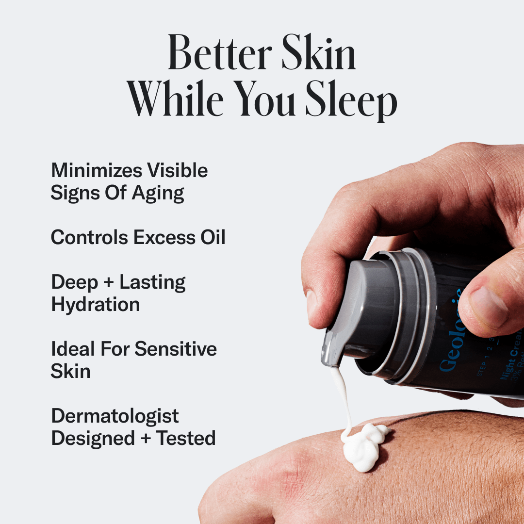 Hand applying cream to skin with product details on a white background.