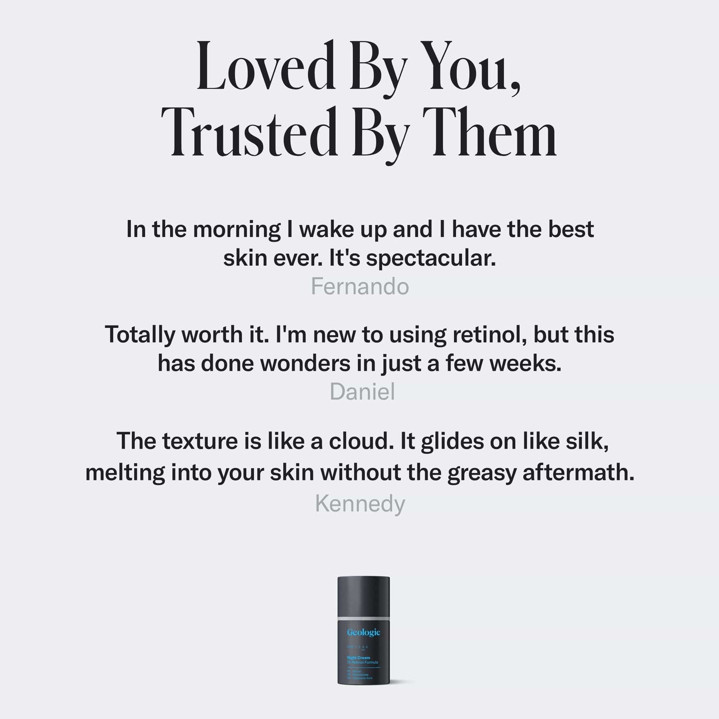 Anti-Aging Retinol Night Cream Customer testimonials on a light gray background.