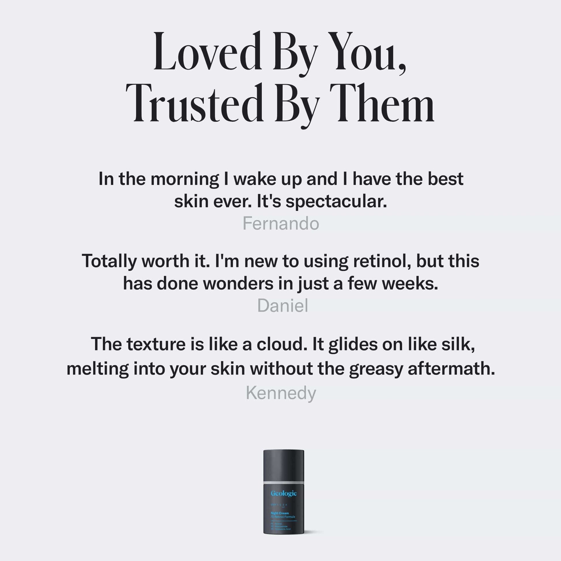 Anti-Aging Retinol Night Cream Customer testimonials on a light gray background.
