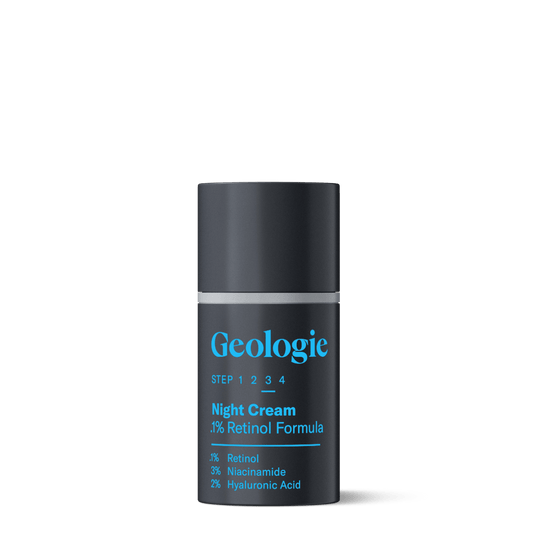 Geologic night cream bottle on a green background.