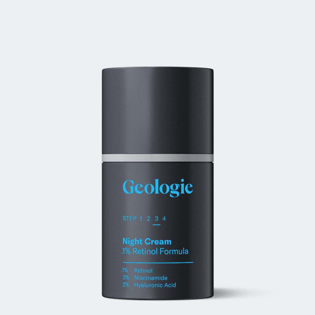 Geologie night cream bottle on a light gray background.