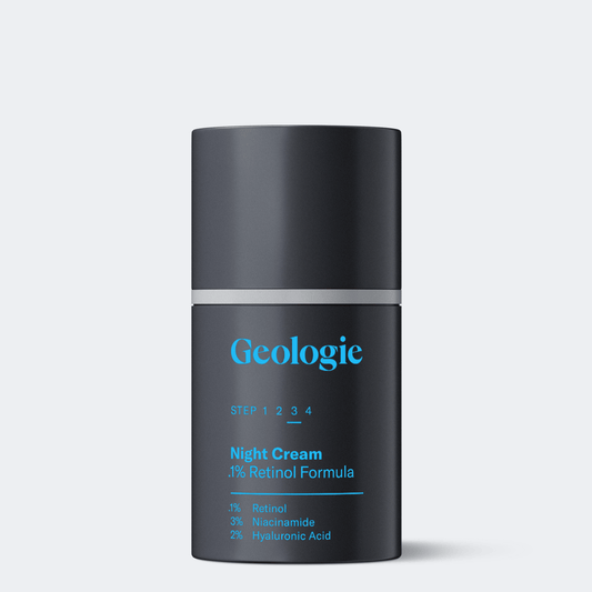 Geologie night cream bottle on a light gray background.