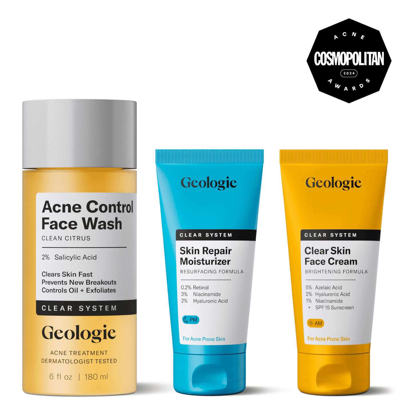Geologie Clear Skin System - Acne Control Face Wash, Skin Repair Moisturizer & Clear Skin Face Cream with Cosmopolitan Award.