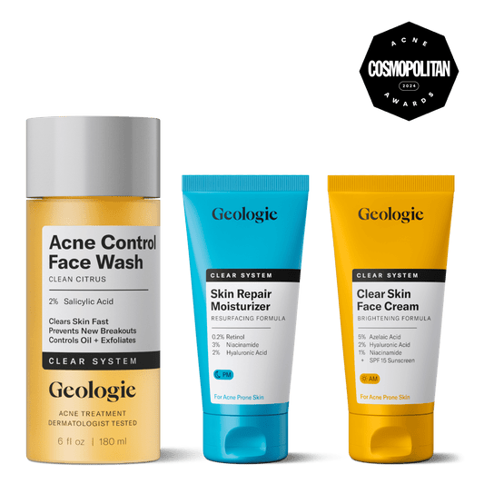 Geologie Clear Skin System - Acne Control Face Wash, Skin Repair Moisturizer & Clear Skin Face Cream with Cosmopolitan Award.