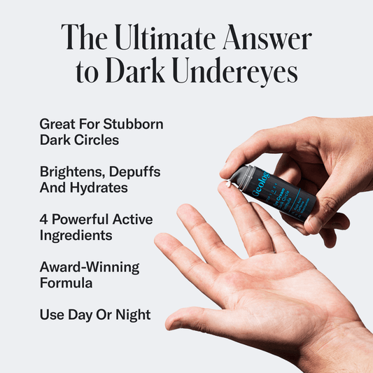 Hand holding a bottle of Dark Circle Eye Cream with text about the eye cream benefits on a white background.