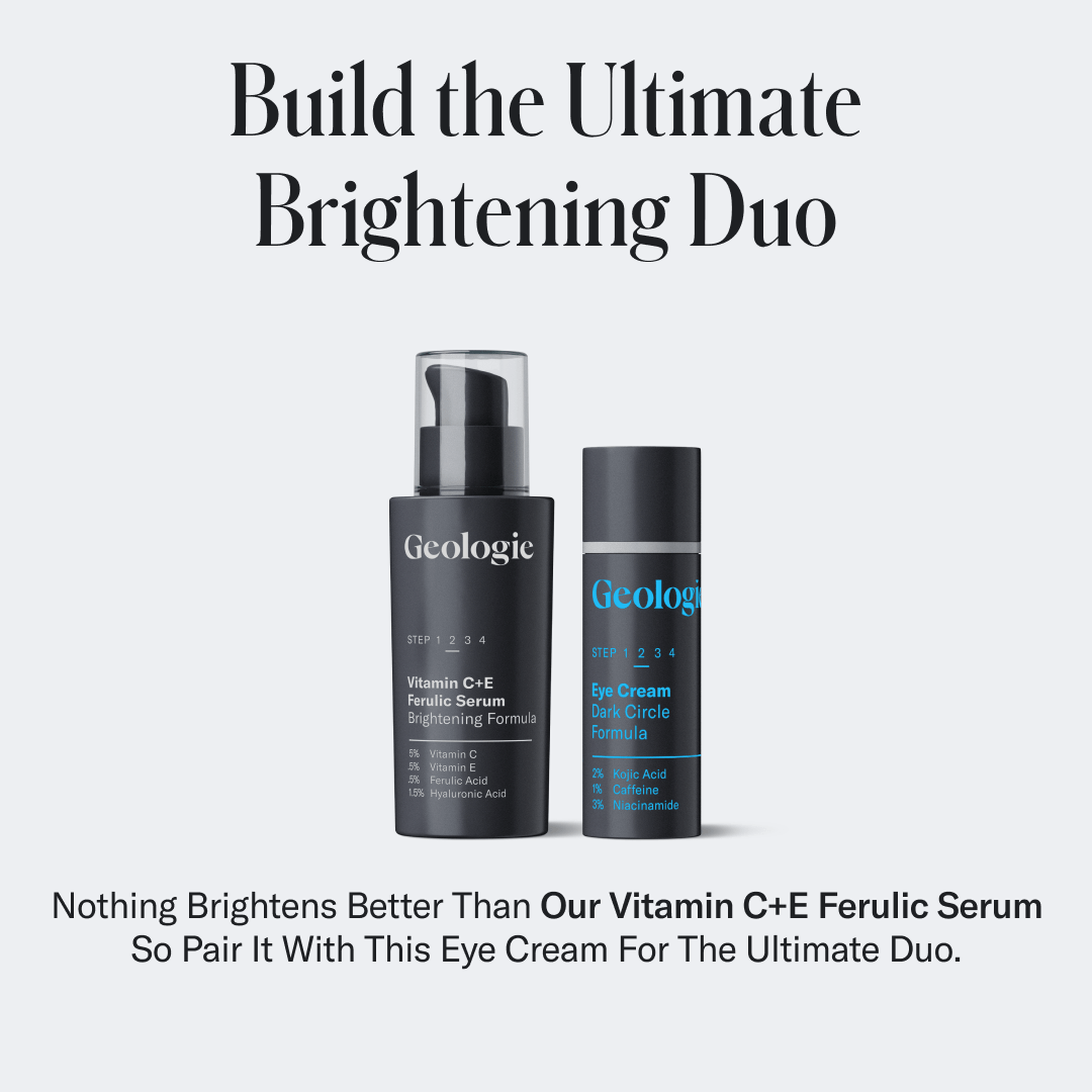 Two Geologic Ultimate Brightening skincare products on a white background with promotional text.