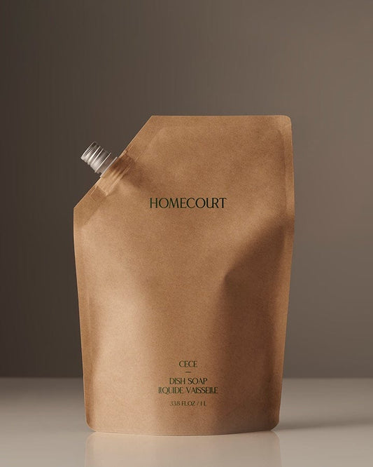 Brown Homecourt Award-Winning Dish Soap Refill packaging in Cece Fragrance on a gray background.