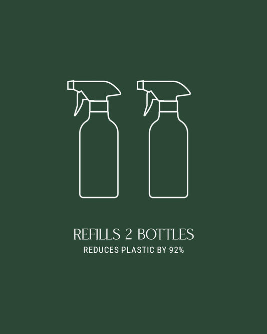 3 white bottle illustrations with dispensers on a green background, showing Homecourt hand wash reduces plastic use by 92%.