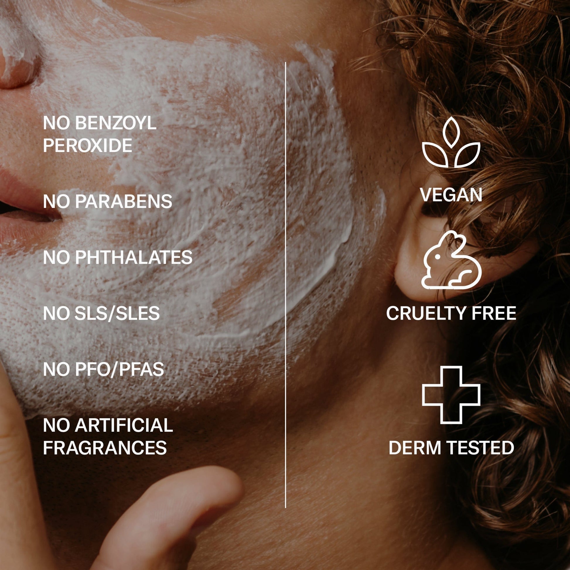 Person applying the Clear Skin Repair Moisturizer with certification icons and text about the natural benefits.
