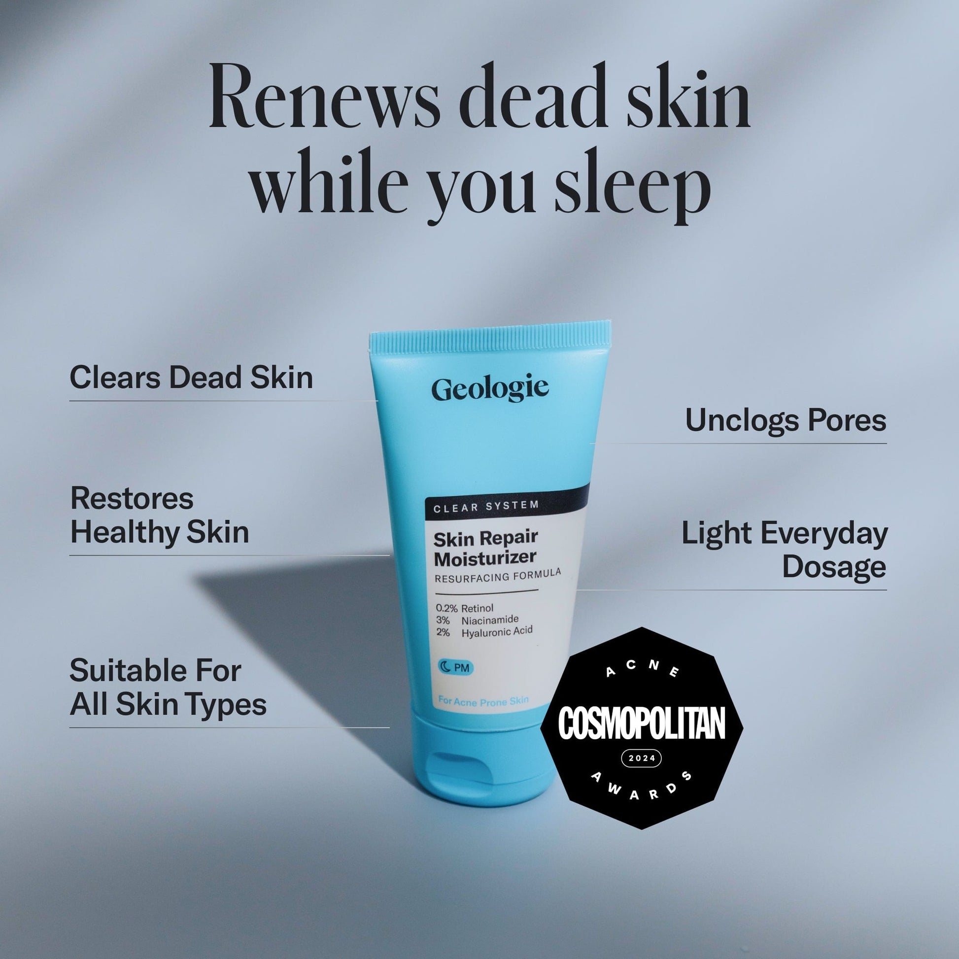 Geologie Skin Repair Moisturizer tube with product benefits on a gray background.