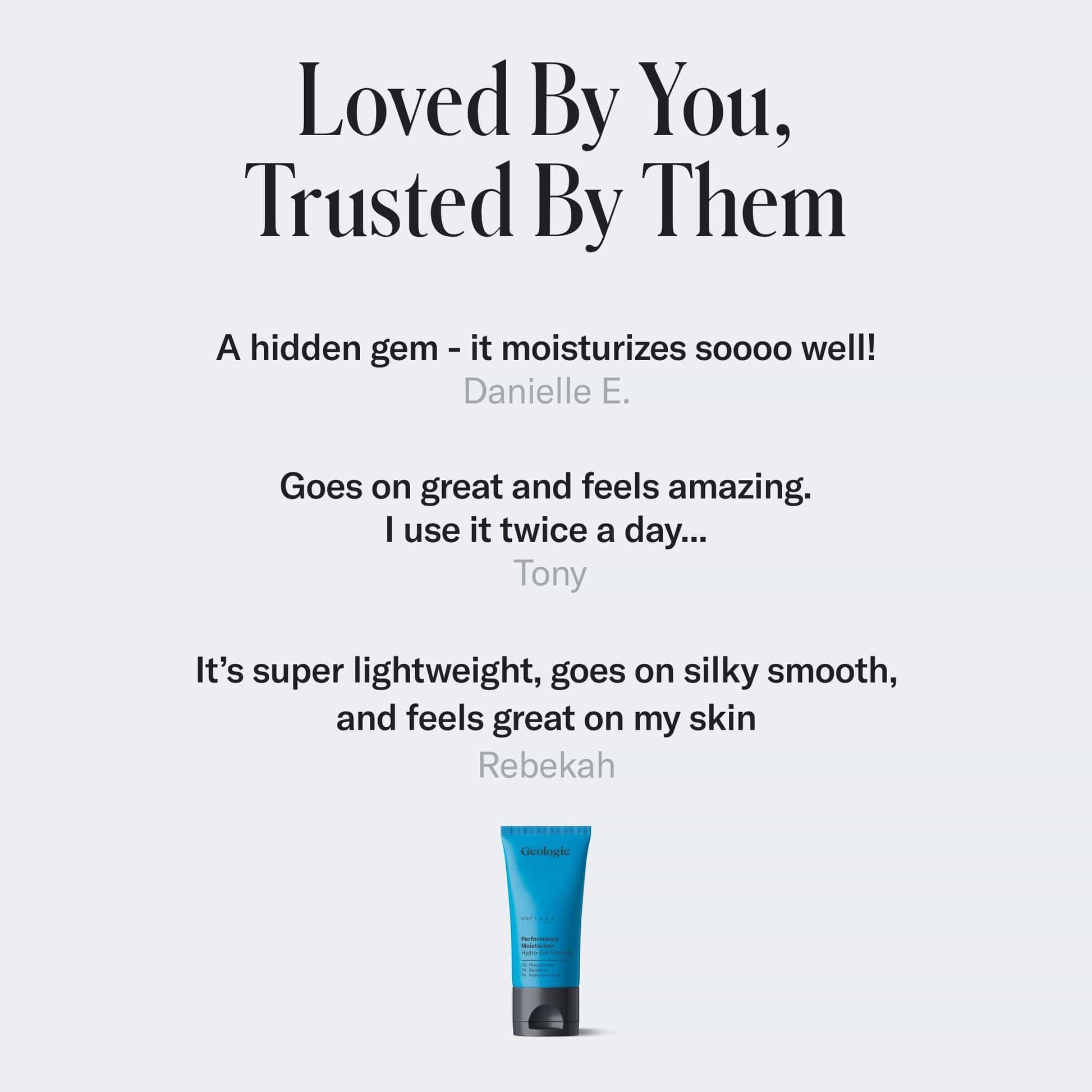 Product review text with a blue tube on a light gray background.