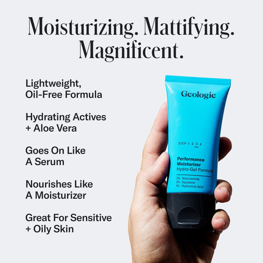 Geologic performance moisturizer tube held in a hand with product features listed.