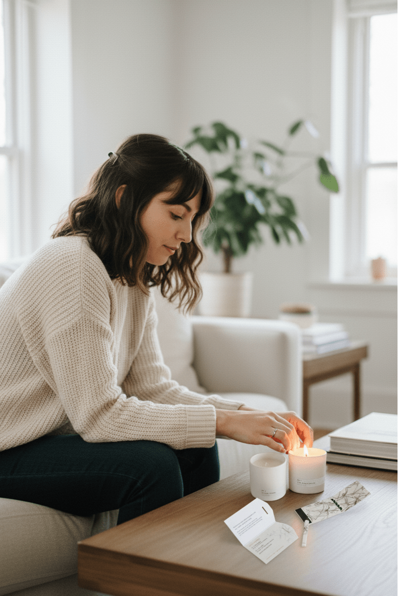 Woman lighting an Aerangis Botanical Journey Set Candle on a wooden table in a bright living room.
