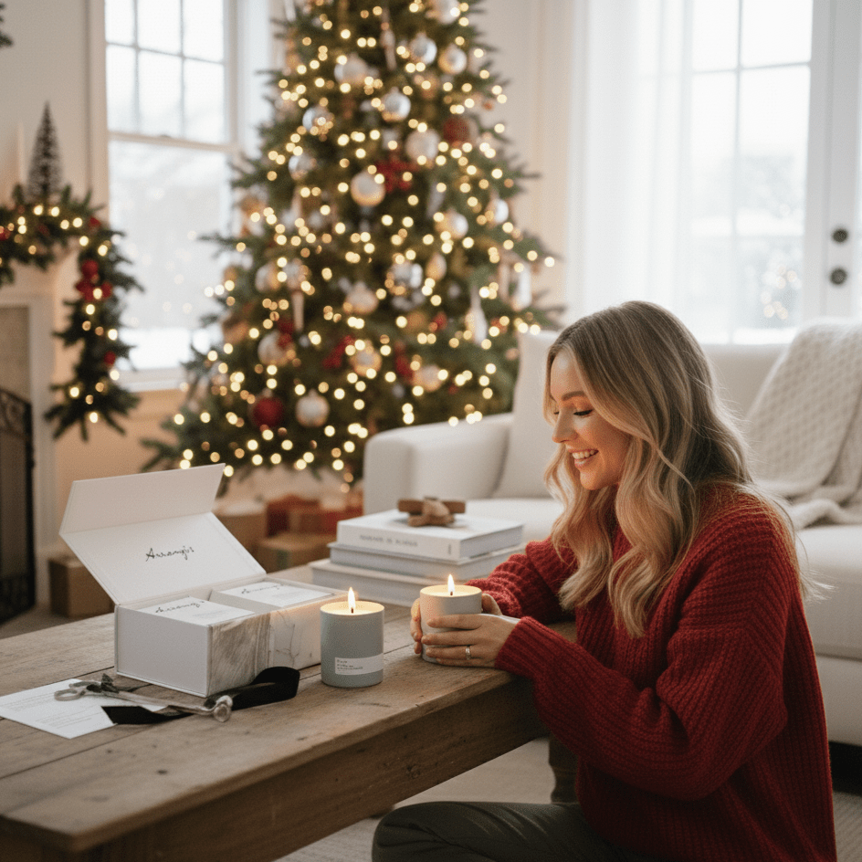Woman in a red sweater holding an Aerangis Vineyard Journey Set candle in a cozy living room with Christmas lights and tree.