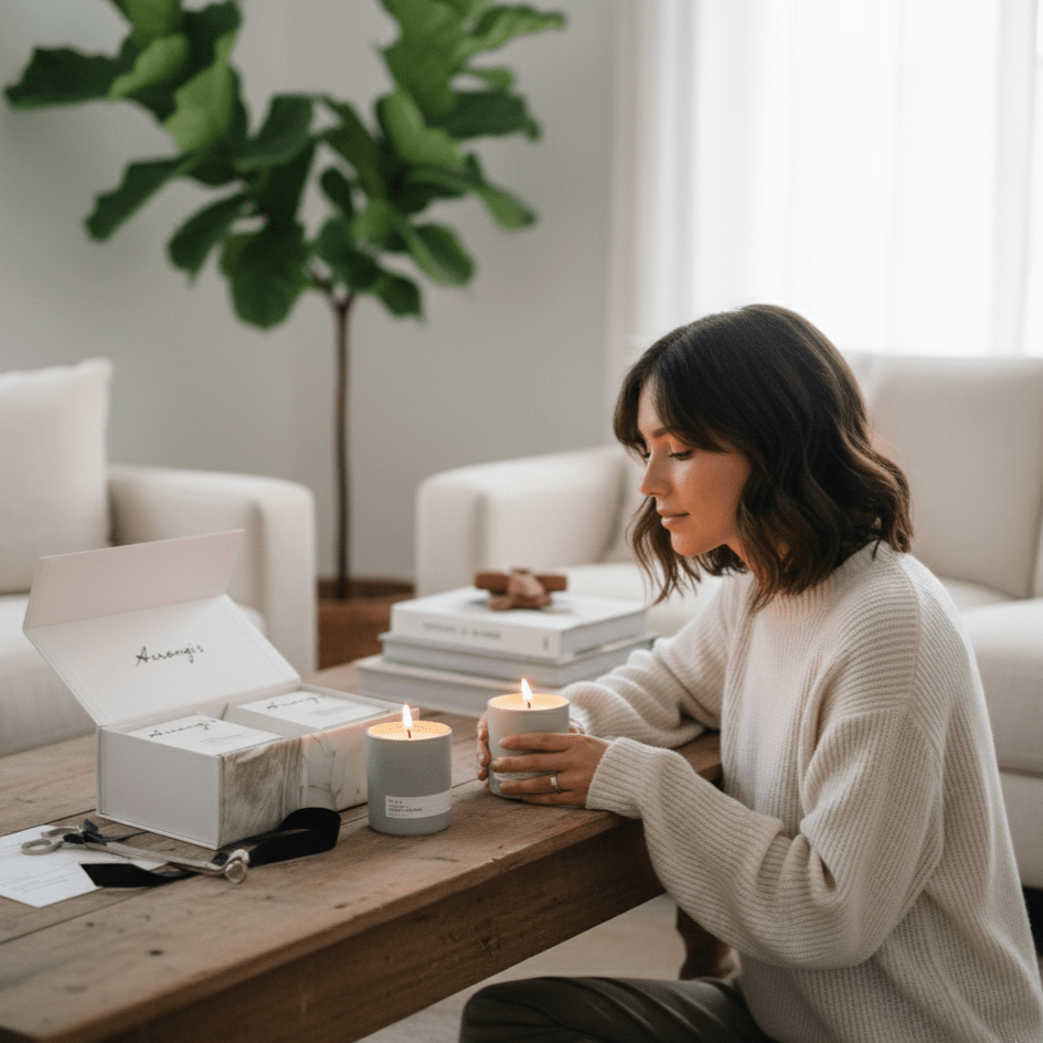 Woman holding a Aerangis Vineyard Journey candle on table in a living room with a fiddle leaf fig tree and white couches.