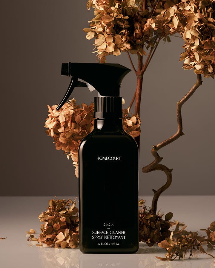 Black spray bottle of Homecourt Natural Surface Cleaner with dried Cece flowers in the background.