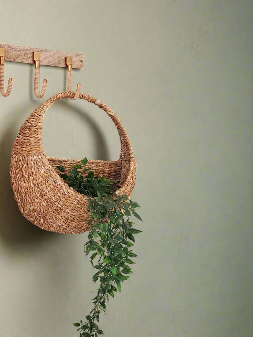 Savar Handwoven Seagrass Wall Hanging Basket with plant hanging on a wall with hooks.