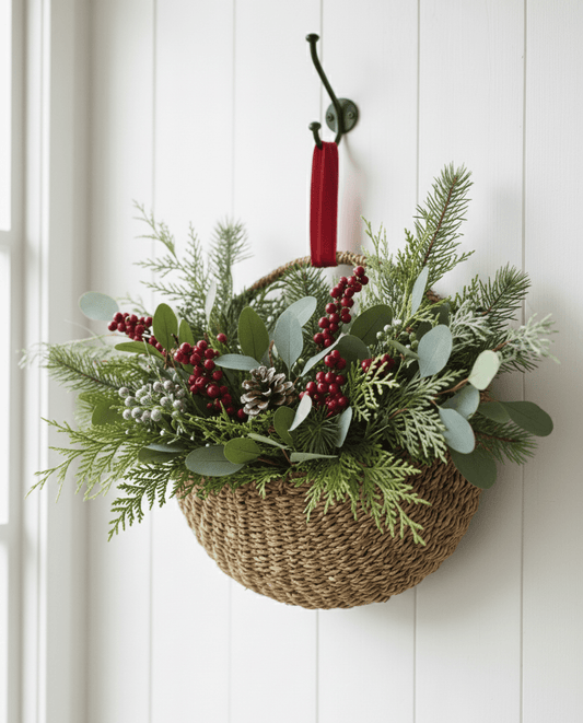 Decorative Handwoven Seagrass basket with winter greenery and berries hanging on a white wall.
