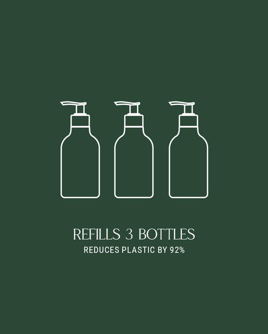 3 white bottle illustrations with dispensers on a green background, showing Homecourt hand wash reduces plastic use by 92%.