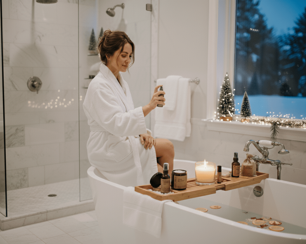 Woman in a bathrobe sitting by a bathtub with a tray of items, including a candle and bottles with Christmas decorations.