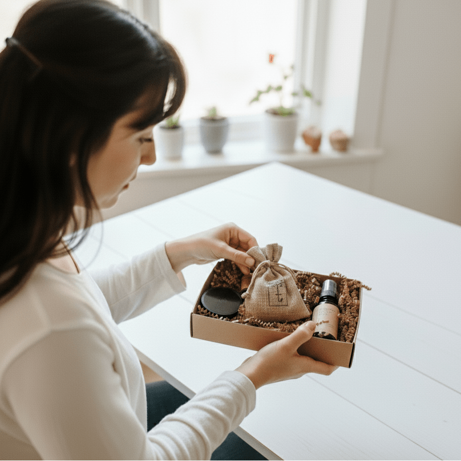 Woman opening a Therapeutic Travel gift box with a small bath soak bag, pillow mist, and headache roller on a white table.