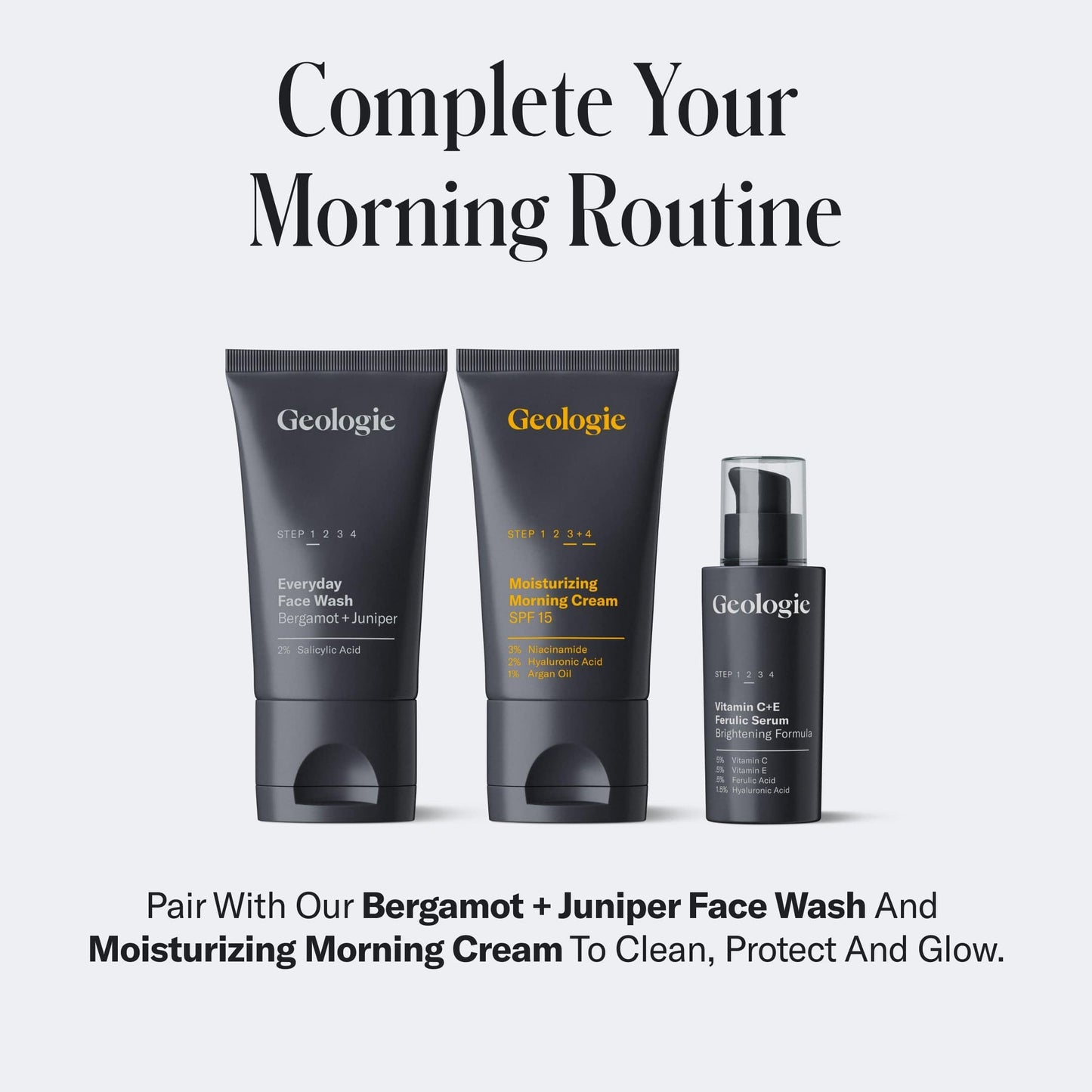 Geologie Complete Skincare Routine products including face wash, cream, and serum on a light gray background.