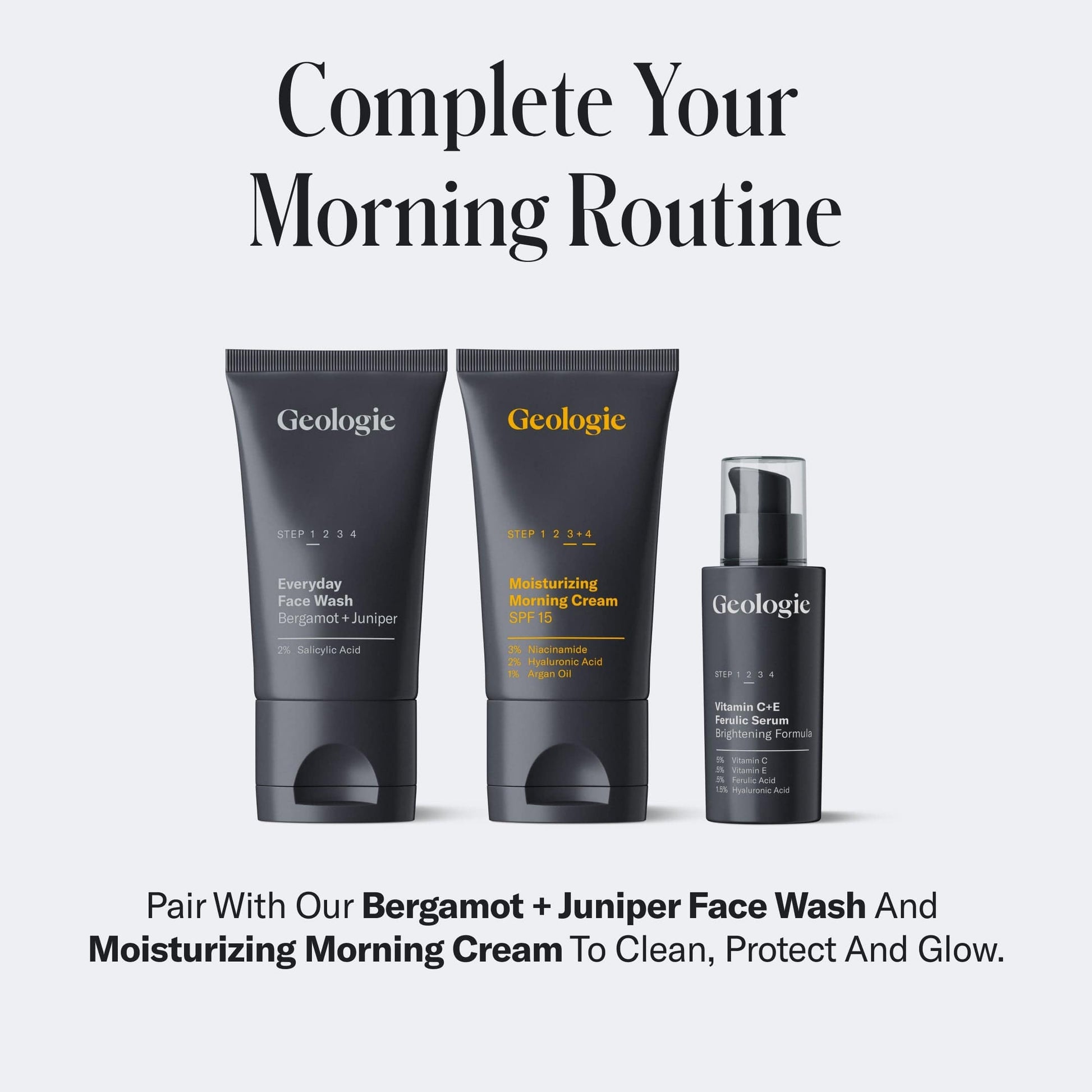 Geologie Complete Skincare Routine products including face wash, cream, and serum on a light gray background.