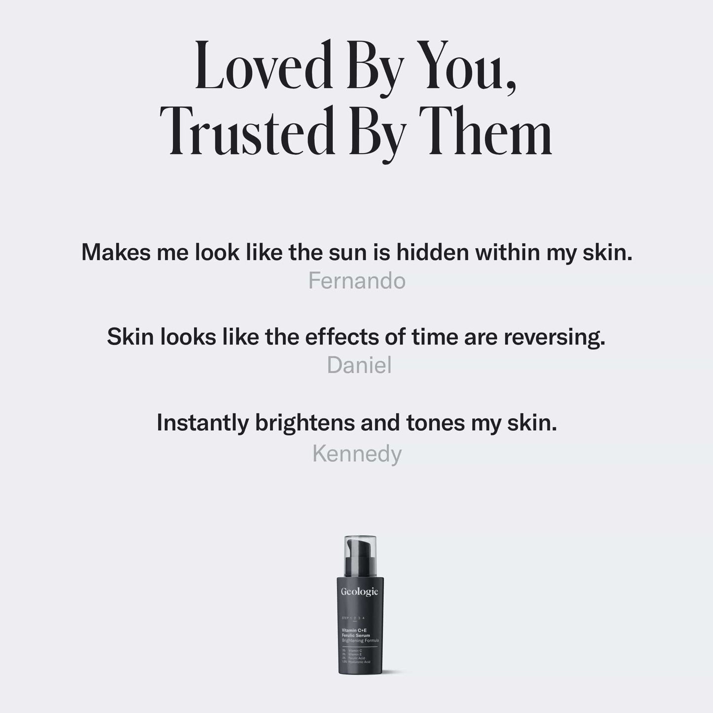 Vitamin C+E Ferulic Serum with customer testimonials on a light gray background.