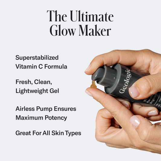 Hand holding Geologic Vitamin C+E Ferulic Serum product with text about its features on a light gray background.